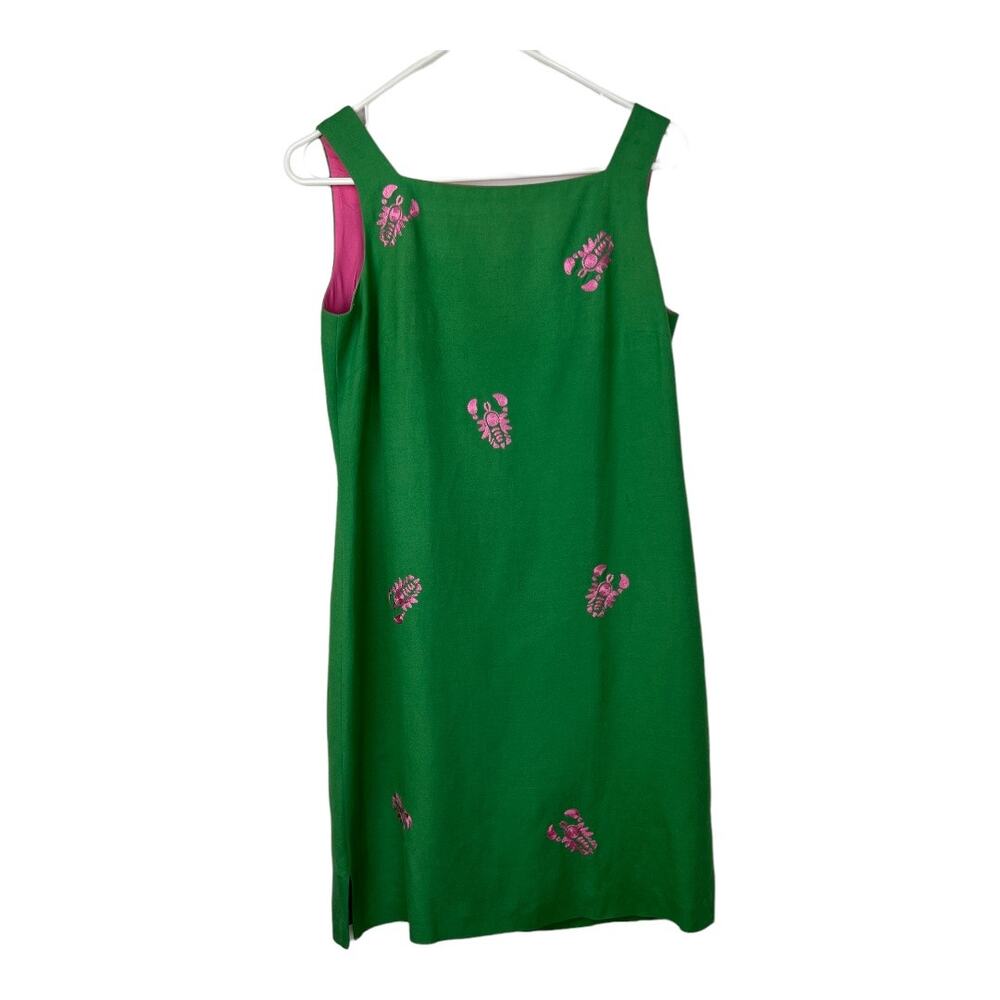 Talbots Lobster Dress Green and Pink Embroidered Petite Size 6 Sleeveless Zip